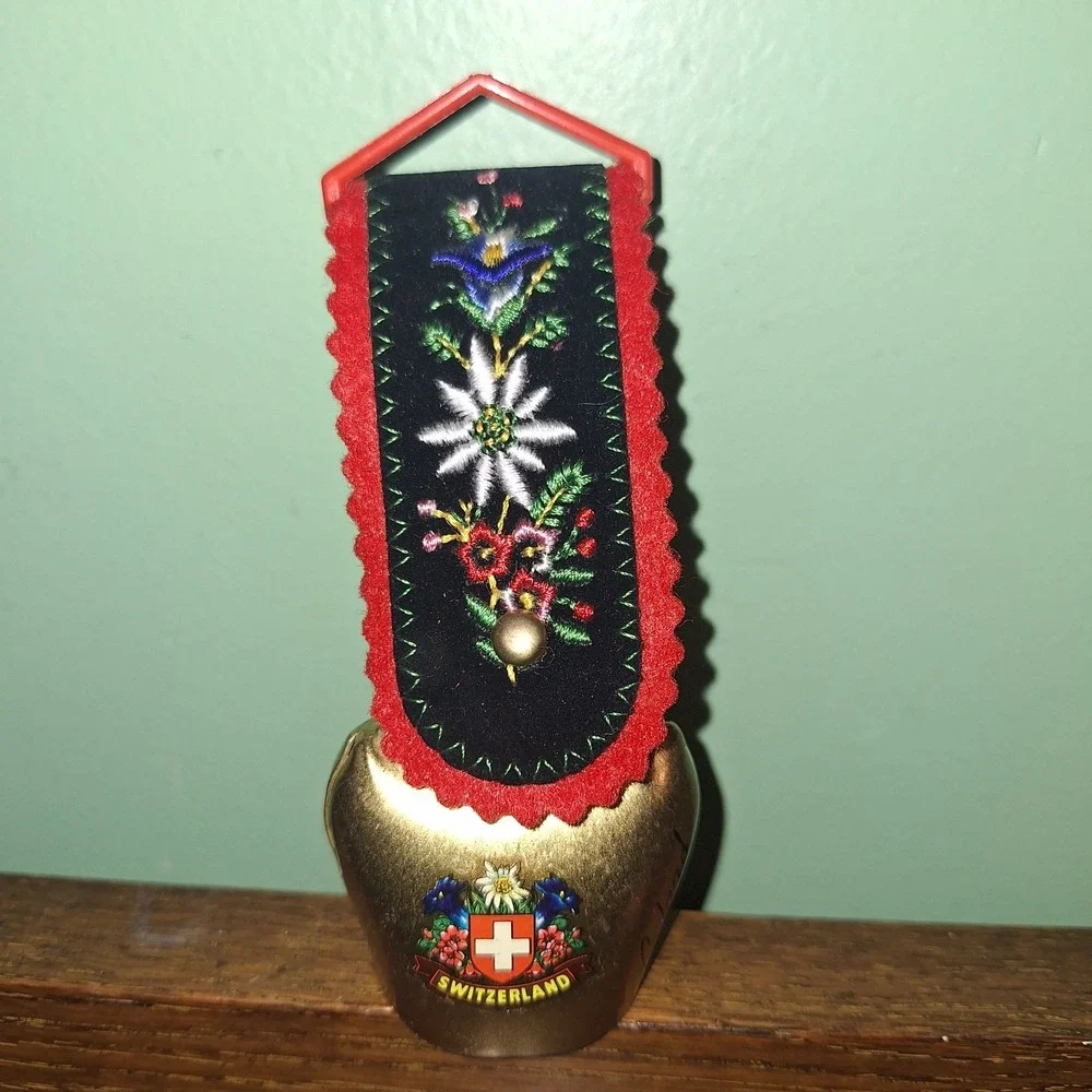 Vintage Swiss Brass Cow Bell Goat Sheep Gstaad Flowers  Embroidered Strap